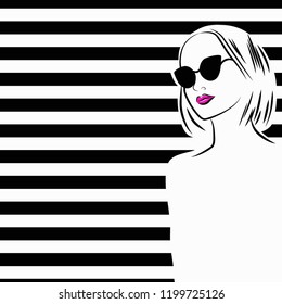 Woman in cat-eye sunglasses. Black strips on background. Vector image. Eps 10.