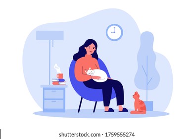 Woman with cats in cozy apartment. Happy girl relaxing in evening at home, drinking hot tea. Vector illustration for hygge, comfort, pets, house concept