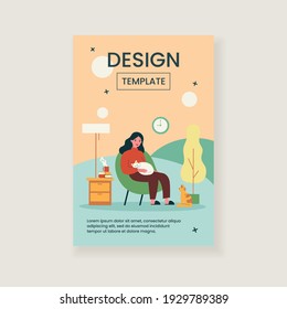 Woman with cats in cozy apartment. Happy girl relaxing in evening at home, drinking hot tea. Vector illustration for hygge, comfort, pets, house concept