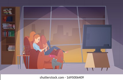 Woman and cats. Happy girl in living room with her pets. Female, cat and hamster vector illustration