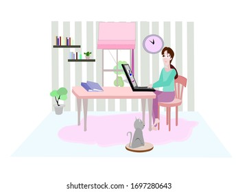 Woman and cats work from  home and online conference. Person using laptop in room. Vector people illustration on isolate white background. Cartoon character person flat design .Cute clipart.