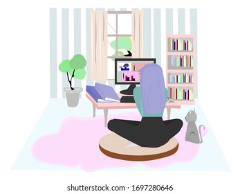 Woman and cats work from home and online conference. People using laptop in room . Vector people illustration on isolate white background. Cartoon character person flat design .