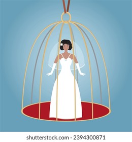 Mujer atrapada en la jaula. Composición cuadrada. Ilustración vectorial.