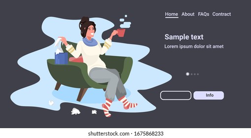 woman caught cold blowing nose drinking hot tea influenza infection symptoms flu season concept full length horizontal copy space vector illustration
