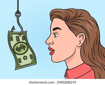 Woman is caught on money bait dollar cash metaphor pinup pop art retro hand drawn vector illustration. Comic book style imitation.