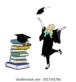 woman celebrate graduation with books hand draw vector illustration