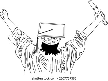 Woman celebrate her graduation degree outline vector illustration, Young girl holding graduation dimploma in her hand sketch drawing, silhouette of graduate students