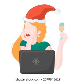 Woman celebrated New Year 2022 or Christmas online with laptop on white isolated background