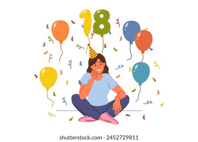 Woman celebrates 18th birthday, proud of reaching adulthood, and sits on floor among candy and balloons. Young cheerful girl student in festive hat invites you to entertaining event in honor birthday