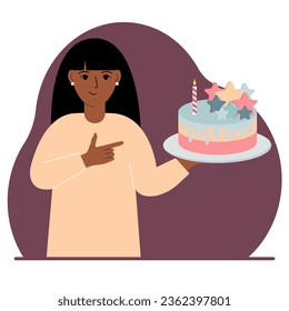 A woman celebrates a birthday or some event. A woman with a birthday cake with a candle.