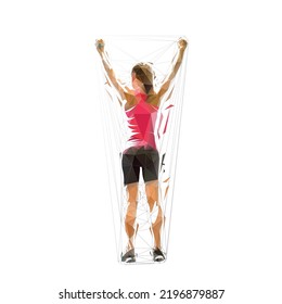 Woman celebrates with her hands raised. Low polygonal isolated vector illustration. Rear view. Successful woman, geometric drawing from triangles