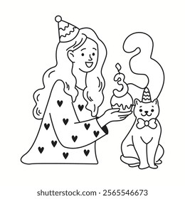 Woman celebrating cat third birthday linear icon. Happy lady in party cone giving cake to pet doodle character doodle thin line illustration