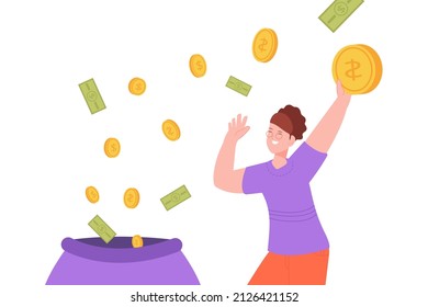 Woman celebrating earnings. Women earning and saving money, positive character magnet coin in hand, financial income, happy vector illustration. Happy business woman with money