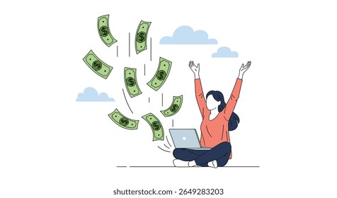 Mulher celebrando o sucesso financeiro enquanto trabalhava em seu notebook, com dinheiro circulando em torno de sua comemoração da acumulação de riqueza e dos fluxos de renda digital