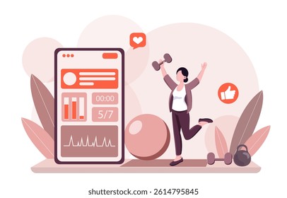 Woman celebrating fitness progress with dumbbells next to smartphone app interface showing workout stats, on abstract background. Concept of health tracking. Vector illustration