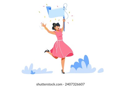 Woman Celebrating with Flag, vector illustration. A depiction of joy and achievement.