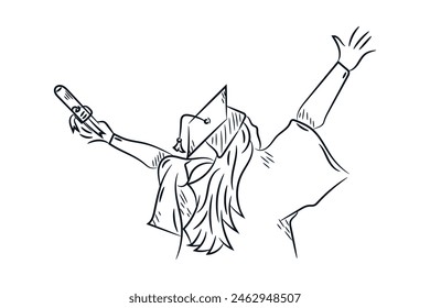 Woman celebrating graduation hand drawn line art vector sketch illustration