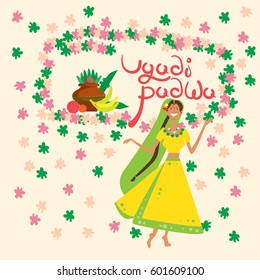 Woman Celebrating Happy Ugadi and Gudi Padwa Hindu New Year Greeting Card Holiday Flat Vector Illustration