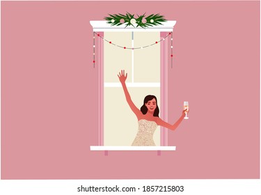 Woman Celebrating New Year Or Christmas. Lockdown Or Quarantine Life. Window Frame With Girl In Shimmering Party Dress. Colorful Vector Illustration In Modern Flat Style.