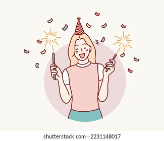 mujer celebrando año nuevo o un evento. Ilustraciones de diseño vectorial de estilo dibujado a mano.