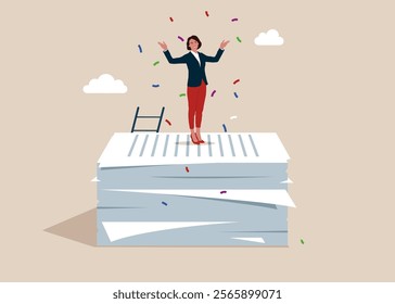 Woman celebrating on a lot of documents after signing business agreement document. Business deal, agreement, contract, executive handshaking. Vector illustration