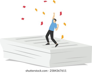 Woman celebrating on a lot of documents after signing business agreement document. Business deal, agreement, contract, executive handshaking. Vector illustration

