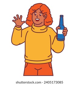 A Woman celebrating party and holding glass of champagne with bottles