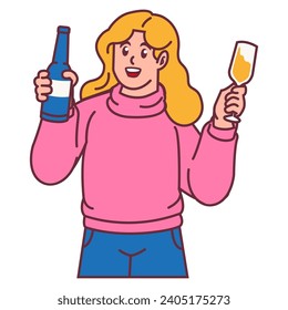 A Woman celebrating party and holding glass of champagne with bottles