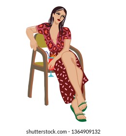 Woman celebrating party, vector illustration. Girl in dress drinking cocktail

