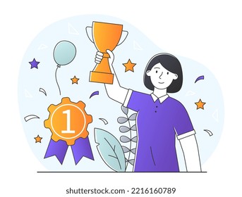 Woman celebrating success. Young girl with golden cup and badge. Holiday or festival. Metaphor of successful entrepreneur or businesswoman. Motivation and leadership. Cartoon flat vector illustration