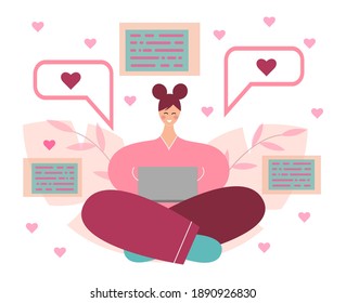 A woman celebrating Valentine's Day online due to global pandemic and quarantine. A girl is sitting and texting online with her loved one on Valentine's Day. Vector illustration for websites.