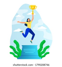 Woman Celebrating Victory. Girl Holding Gold Cup On Winner Podium Flat Vector Illustration. Winning, Success, Achievement Concept For Banner, Website Design Or Landing Web Page