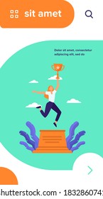 Woman celebrating victory. Girl holding gold cup on winner podium flat vector illustration. Winning, success, achievement concept for banner, website design or landing web page