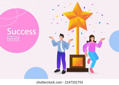 Woman celebrating victory. Successful business people with prize, golden goblet. Employee success recognition, encourage and motivate best performance. businesswoman standing getting star reward.