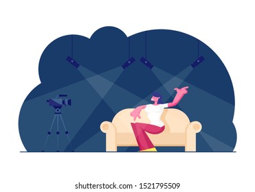 Woman Celebrity Sitting On Couch In Broadcasting Studio With Light Equipment For Giving Interview On Television Entertainment Program. Tv Night Show With Girl Guest. Cartoon Flat Vector Illustration