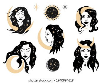 Woman celestial magic astrology esoteric illustration set. Star and moon space girl art collection. Vector mystic spiritual female face black tattoo alchemy.