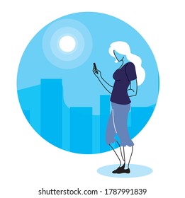 woman with cell phone in hand checking social networks vector illustration design