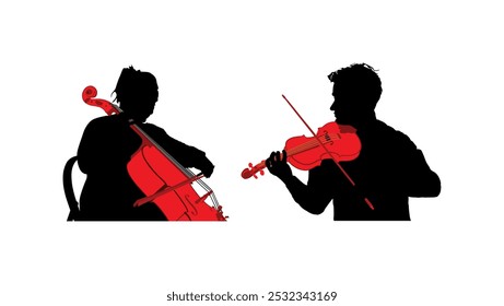 Woman cellist playing cello duet with violin man vector silhouette illustration isolated. Music artist duo girl and boy string instrument. Jazz lady performer. Musician play cello. Classic music event