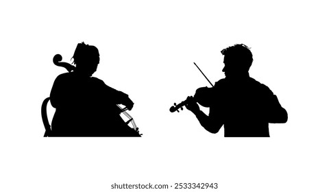 Woman cellist playing cello duet with violin man vector silhouette illustration isolated. Music artist duo girl and boy string instrument. Jazz lady performer. Musician play cello. Classic music event