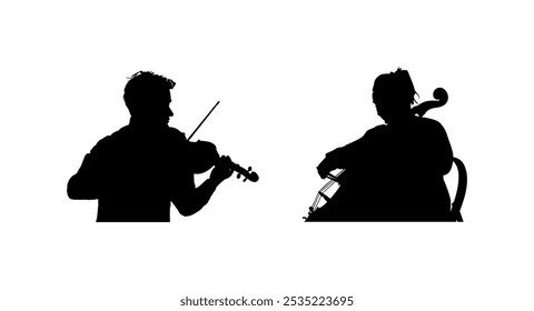 Woman cellist playing cello duet with violin man vector silhouette illustration isolated. Music artist duo girl and boy string instrument. Jazz lady performer. Musician play cello. Classic music event