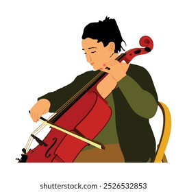 Woman cellist playing cello vector illustration isolated. Music artist girl string instrument. Jazz lady performer. Musician play cello. Public entertainment. Classic music event female amusement.