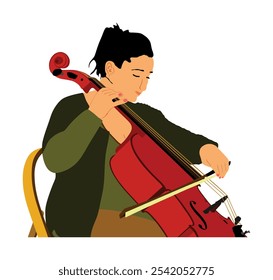 Woman cellist playing cello vector illustration isolated. Music artist girl string instrument. Jazz lady performer. Musician play cello. Public entertainment. Classic music event female amusement.