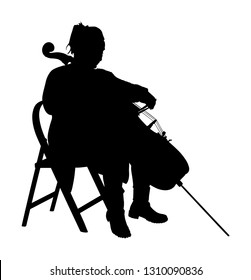 Woman cellist siting and playing cello vector silhouette. Music artist girl play string instrument. Jazz woman street performer. Musician play cello. Entertainment for public. Classic music event.