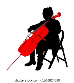 Woman cellist siting and playing cello vector silhouette illustration. Music artist girl play string instrument. Jazz lady performer. Musician play cello. Public entertainment. Classic music event.