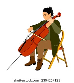Woman cellist siting and playing cello vector illustration isolated. Music artist girl play string instrument. Jazz lady performer. Musician play cello. Public entertainment. Classic music event.
