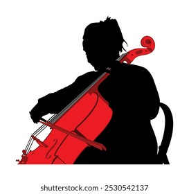 Woman cellist siting playing cello vector silhouette illustration isolated. Music artist girl string instrument. Jazz lady performer. Musician play cello. Public entertainment. Classic music event.