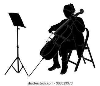 Woman cellist siting and playing cello vector silhouette. Music artist girl play string instrument. Jazz woman street performer. Musician play cello. Entertainment for public. Classic music event.