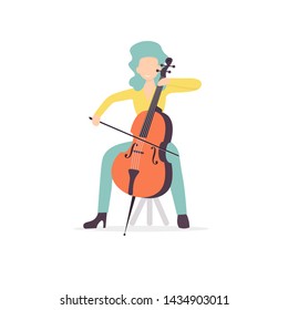 Woman cello player playing concert. Beautiful girl holding a violoncello. Flat vector illustration.