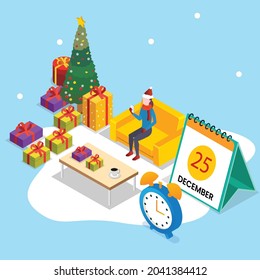 Woman with cellphone on christmas night 3d isometric vector illustration concept for banner, website, landing page, ads, flyer