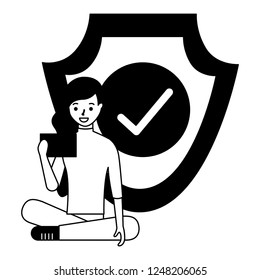 woman with cellphone and shield protection approved